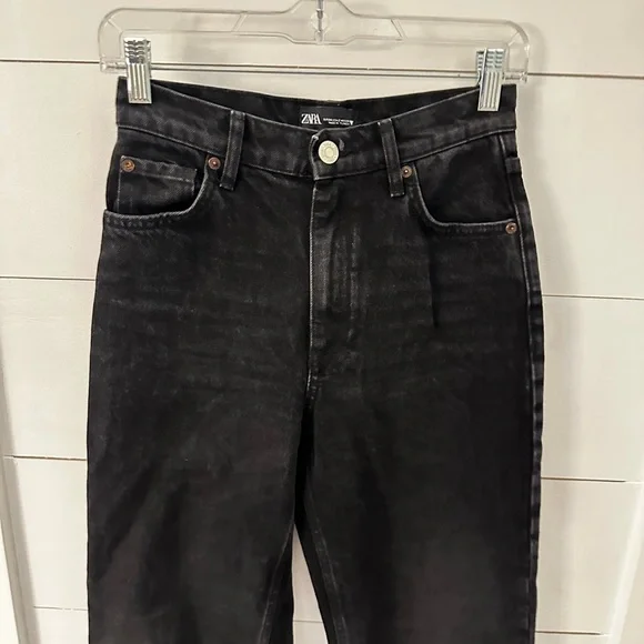 ZARA 2 Black high rise wide leg raw hem 100% cotton woman jean boho - Picture 12 of 14